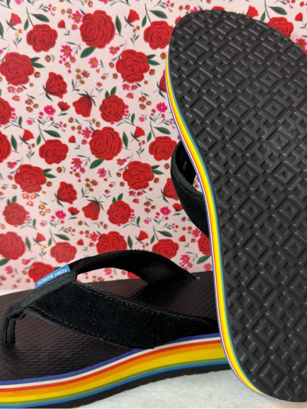 Tory Burch Black Flip-Flop Sandals with Rainbow Layered Platform - Picture 3 of 7